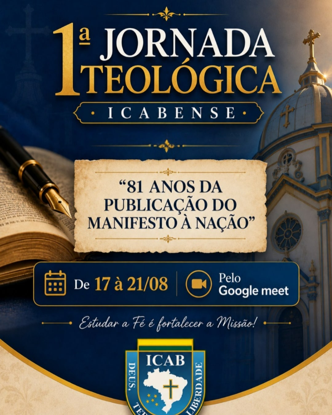 Cartaz da 1ª Jornada Teológica Icabense — tema: 81 anos da publicação do Manifesto à Nação