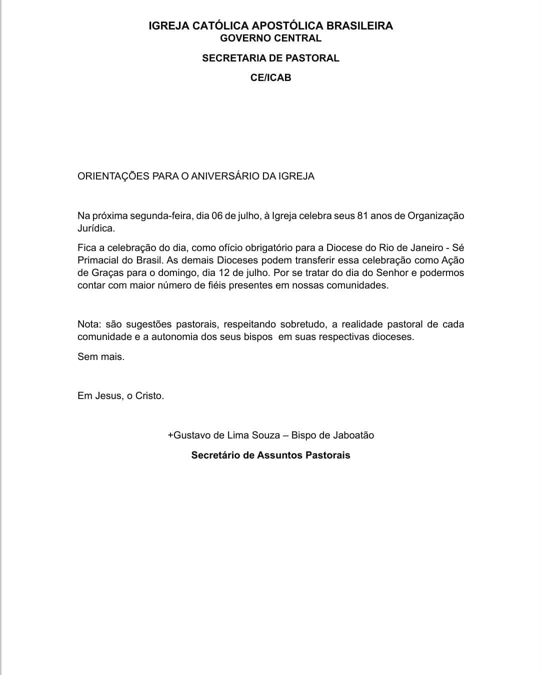 Orientações para o Aniversário da Igreja — documento oficial da Secretaria de Pastoral (CE/ICAB)