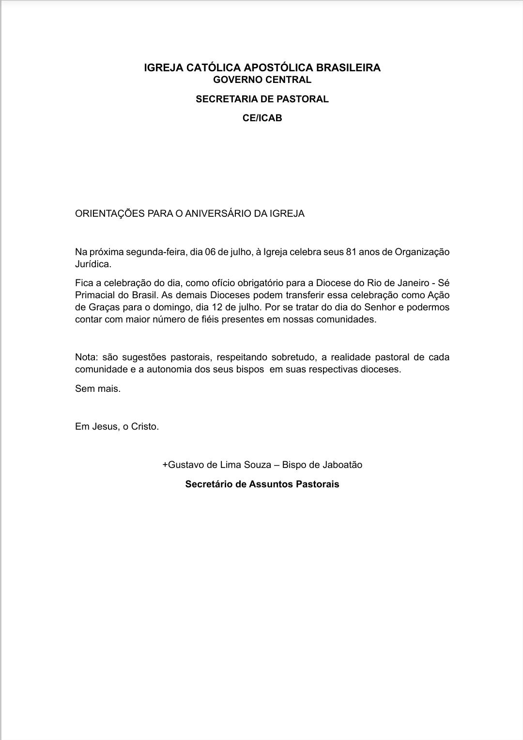 Orientações para o Aniversário da Igreja — documento oficial da Secretaria de Pastoral (CE/ICAB)