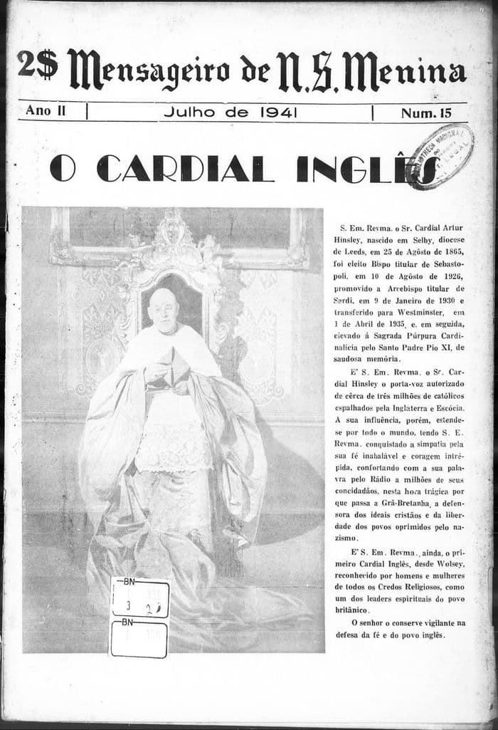 Capa da revista Mensageiro de Nossa Senhora Menina, Nº 15, Julho de 1941